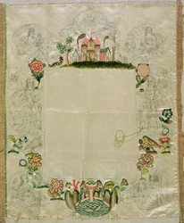 Moldura de espelho, bordado inacabado em seda colorida, meados do século XVII