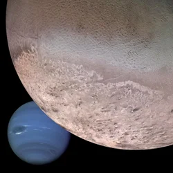 Montagem de Netuno e sua lua Tritão (imagem digital)