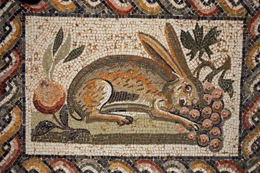 Mesquita representando uma lebre com um olhar espião pastando um cacho de uvas (2ª metade do século II d.C.)/in situ a El Jem (Antique Thysdrus)/Tunisia