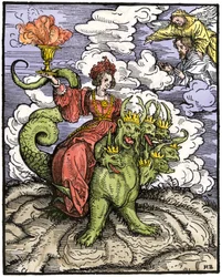 Mitos e lendas: A Grande Prostituta da Babilónia cavalgando o dragão de 7 cabeças. Gravura colorida do Novo Testamento, impressa em Augsburgo
