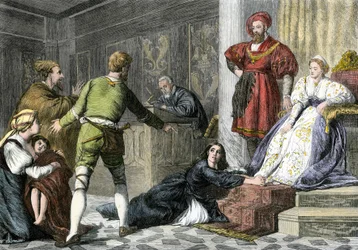 Mitos e lendas: a filha de um judeu acusado de bruxaria na Idade Média. Gravura a cores do século XIX.