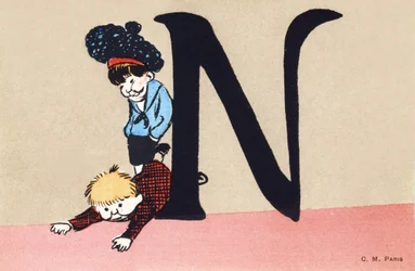 N é para provocar - Alfabeto infantil. C. M. Editeur, Paris. Cartões postais pintados à mão, franqueados em 1904. Tamanho : 14 x 9 cm