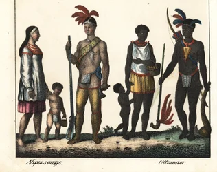 Nativos do Canadá: uma família de índios do lago Nipissing e uma família de índios da região de Ottawa. Litografia para o livro: "Galerie complete en tableaux fideles des peuples d