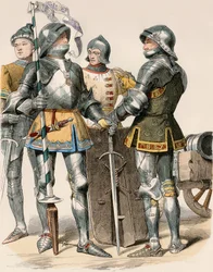 Nobres cavaleiros do Duque de Bougogne (França), de armadura e arma, com um canhão