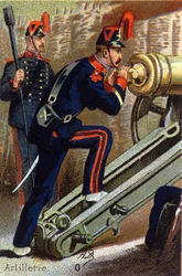 O: Artilharia. Gravura em "Alfabeto Militar" . Iniciais do Ilustrador: A. D. Editora desconhecida. Cromolitógrafos do final do século XIX. Dim: 10,5x7cm .