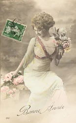 Antigo cartão postal/ano feliz/desejo/ mulher Belle Epoque
