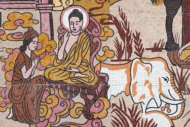 Ong Nui budista pagode, Wall fresco, A vida do Buda, Quy Nhon, Vietnam, 2019 (foto)