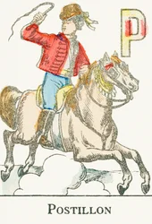 P: Postillon, um jovem cavaleiro em fato de cossaco - Gravura tirada do "Alphabet des jeux", cerca de 1890