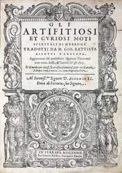 Página de título de "Gli artifitiosi et curiosi moti spiritali di Herrone" (comumente chamado Pneumatics) do autor grego Heron of Alexandria ou Heron the Elder (ativo no século I), engenheiro, mecânico e matemático, publicado em Ferrara (Itália) em 1589