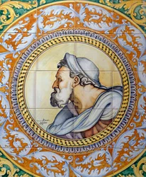 Painel maiolica pintado retratando a cabeça do velho em estilo Michelangelo, feito pela Ceramiche Desuir, Santo Stefano di Camastra, Sicília, Itália, Detalhe