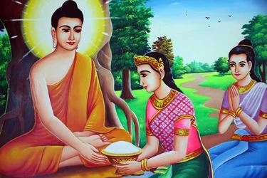 Pintura retratando Buda recebendo ofertas. Camboja