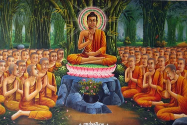Pintura retratando ensinamentos de Buda para monges Udong Cambodge