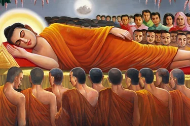 Pintura representando um Buda reclinável em Wat Toul Tompong Phnom Penh Cambodge