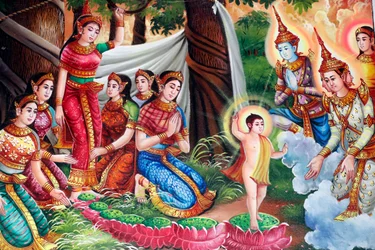 Pintura retratando a história de vida de Shakyamuni Buda. Nascimento de Buda no bosque Lumbini. Kep. Camboja. (foto)