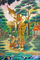 Pintura retratando a história de vida de Shakyamuni Buda. Wat Naxai. Vientiane. Laos, 20151106, Vientiane, Laos.