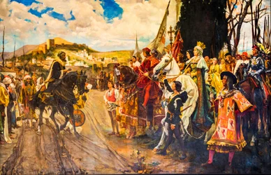 Pintura dos mouros a entregar as chaves à rainha Isabel, Capilla Real, capela funerária dos Reis Católicos Isabel I e Fernando II, Granada, Andaluzia, Espanha, Europa