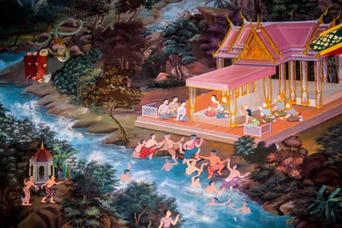 Pinturas de cenas de aldeia com Buda na Tailândia, Wat bang riang, Thub Pat/ Pinturas, Wat bang riang, Thub Pat, Phang Nga, Tailândia, Ásia (foto)
