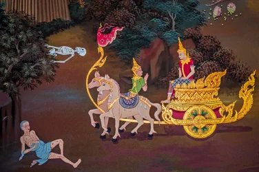 Pinturas de cenas de aldeia com Buda na Tailândia, Wat bang riang, Thub Pat/ Pinturas, Wat bang riang, Thub Pat, Phang Nga, Tailândia, Ásia (foto)