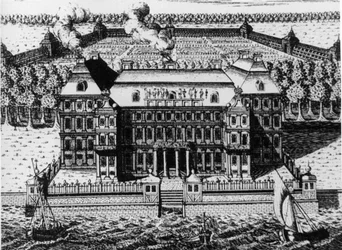 Palácio de A, Menshikov na Ilha Vassily: Um dos primeiros edifícios construídos em São Petersburgo (1711-1716), Gravura de A, Zubov (1717), Rússia.