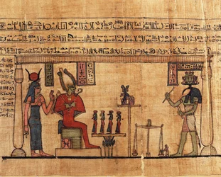 Papiro do Primeiro Livro de Respiração de Ousirour, Thoth pesando alma de Ousirour antes de Isis e Osiris