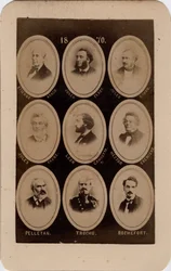 Paris Commune (1871): retrato dos políticos franceses do Partido Socialista: da esquerda para a direita e de cima para baixo: Etienne Arago, Jules Ferry, Jules Simon, Jules Favre, Leon Gambetta, hector Cremieux, Pelletan, Trochu e Rochefort. Imprimir em ca