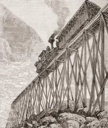 Parte de uma ferrovia de quatro quilômetros de extensão em New Hampshire, Estados Unidos, construída para viagens recreativas e para os passageiros desfrutarem de vistas panorâmicas, c.1880, de 