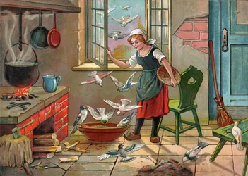 Rapariga camponesa com pombos. (Ilustração por volta de 1920)