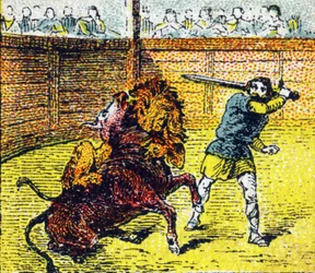 Pepin Le Brief desce à arena para abater o leão que tinha acabado de saltar para o pescoço do touro. Gravação no "Histoire de France". Série de imagens publicitárias publicadas em nome de Louit, 24 rue d