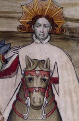 Pessoa a cavalo, detalhe do fresco no Castelo de Manta (século XV), Saluzzo, Piemonte, Itália