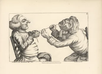 Médico a rir-se enquanto puxa o dente de um doente com um fio. Gravura em talhe-doce segundo uma ilustração satírica de Timothy Bobbin (John Collier) (1708-1786) de Human Passions Delineated, John Haywood, Manchester