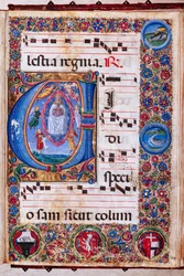 Biblioteca Piccolomini: Livro Coro, cód. 15.Q., ss. 64r com “Assunção da Virgem”, de Guidoccio Cozzarelli e Bernardino Cignoni.