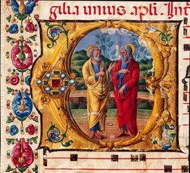 Biblioteca Piccolomini: livro coral, cód. 16.1, ss. 2r com “Dois Apóstolos”, de Girolamo da Cremona. Detalhe.