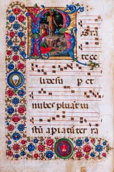 Biblioteca Piccolomini: livro coral, código. 18.3, ff. 45v com "Pregação de S. João Baptista", de Girolamo da Cremona.