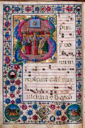 Biblioteca Piccolomini: livro coral, cód. 23.8, ss. 100v com “O Pentecostes”, de Girolamo da Cremona.