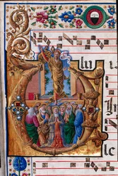 Biblioteca Piccolomini: livro coral, código. 23.8, ff. 66r com "A Ascensão de Cristo", de Girolamo da Cremona. Detalhe.