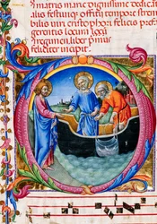 Biblioteca Piccolomini: livro coral, cód. 27.11, ss. 1r com “Chamado de São Pedro e Santo André”, de Sano di Pietro. Detalhe.