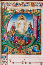 Biblioteca Piccolomini: livro coral, cód. 29.13, ss. 30r com “Transfiguração”, do iluminador florentino. Detalhe.