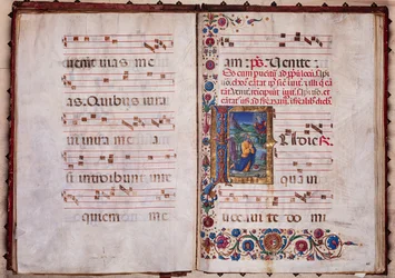 Biblioteca Piccolomini: Livro Coro, cód. 7.G, ss. 40v-41r com “Visão de Jeremias”, de Guidoccio Cozzarelli.