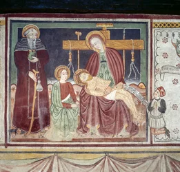 Pieta com Santo António Abade, fresco, Museu Homo Salvadego, Sacco, Cosio Valtellino, Lombardia, Itália