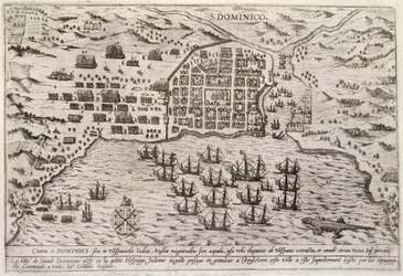 Plano de ataque de Drake a Santo Domingo, c.1595 (gravura)