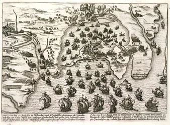 Plano do porto de Cádiz em 1596 no momento do ataque de Sir Walter Raleigh (gravura)