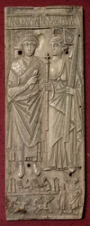 Placa representando o Basilisco, Imperador do Oriente (d.478) com uma carruagem abaixo, romana, 480 d.C. (marfim)