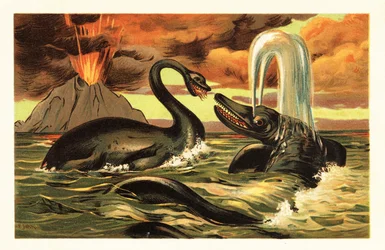 Plesiossauro e Ictiossauro lutando em frente a uma erupção de 1908 (litografia)