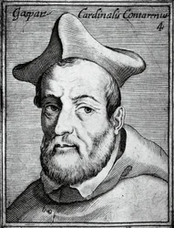 Retrato de Gasparo Contarini (1483-1542), cardeal e bispo italiano, gravura de Illustrissimorum, omnique virtutis, et scientiarum laude praestantissimoru virorum icones, de Claudius Pernetus