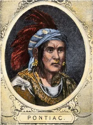 Retrato de Pontiac (ou Obwandiyag, ca. 1714-1769), chefe da tribo índia dos Índios Outaouais de Detroit (Nação Ottawa). Gravura a cores do século XIX.