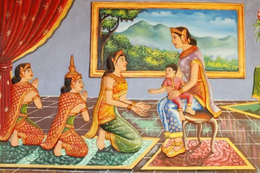 Mosteiro Preah Prom Rath Vida da mãe do Buda BudaBuddha apresentando-o ao seu babá, Siem Reap, Camboja