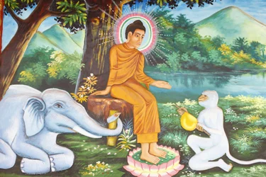 Preah Prom Promessa Mosteiro Rath Vida do BuddhaSiddhartha Gautama com o elefante e macaco dedicado, Siem Reap, Camboja