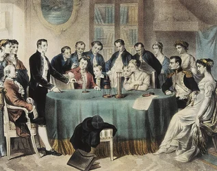 Apresentação em 1801 das experiências sobre a pilha eléctrica ao Primeiro Cônsul Napoleão Bonaparte por Volta (gravura)
