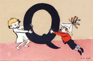 Q é para discussão - Alfabeto infantil. C. M. Editeur, Paris. Cartões postais pintados à mão, franqueados em 1904. Tamanho : 14 x 9 cm