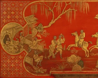 Armário-secretária lacado da rainha Ana, mostrando um pormenor da tampa da secretária com figuras em dourado e preto sobre escarlate, possivelmente de John Belchier de St. Paul